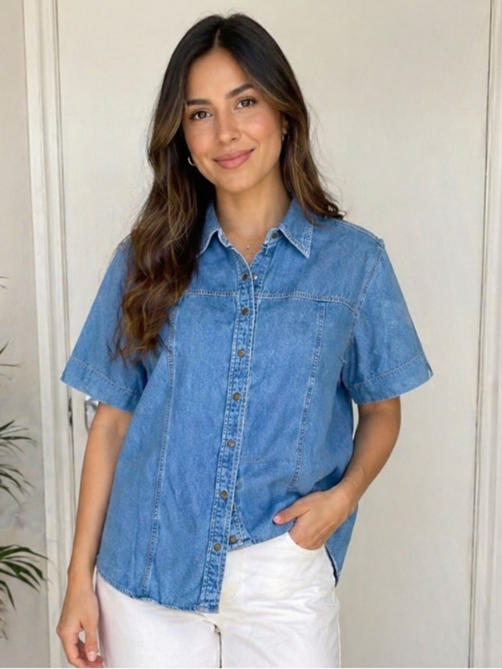 Cabin Creek Blue Short-Sleeve Denim Button-Down Shirt